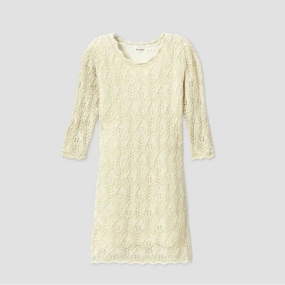 Cat & Jack Girls Cream Shine Crochet 3/4 Long Sleeve Sweater Dress Size L